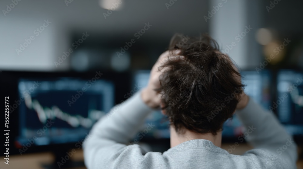 Poster Business Person Analyzing Stock Market Data on Multiple Computer Screens with Financial Charts and Graphs for Investment Monito