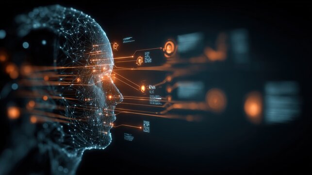 Futuristic digital artificial ligence human head side profile with glowing data points network and virtual interface elements in dark background