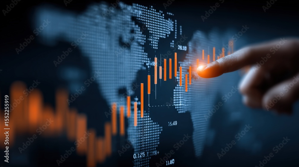 Poster Businessperson Touching Financial Data Stock Market Chart on Digital Screen with World Map in Background for Investment and Trading Concepts