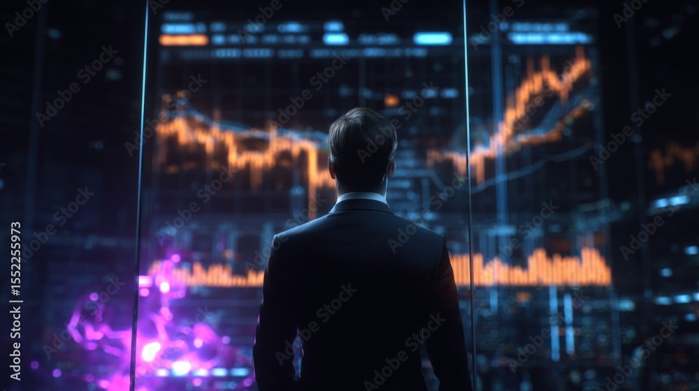 Poster Businessman Analyzing Financial Data On Large Digital Screen Showing Stock Market Graphs And Charts In Modern Office Environment