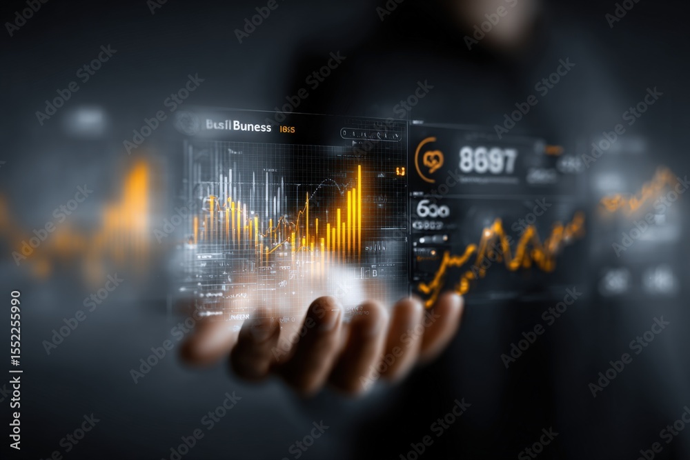 Poster businessperson holding digital smartphone with financial data chart and analytics interface showing 