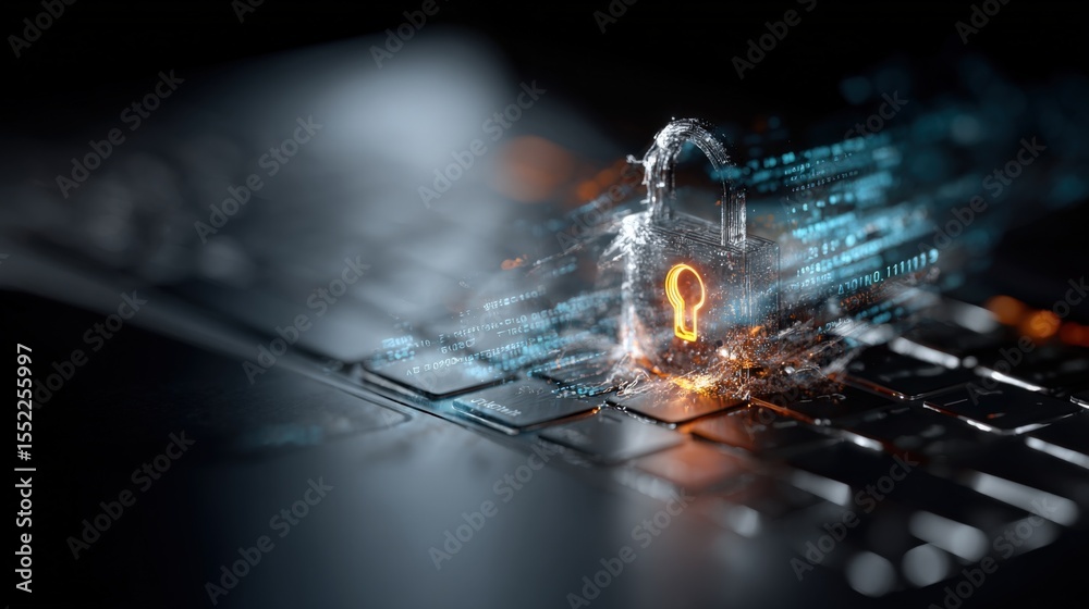 Aufkleber Close-up of a digital security lock icon glowing on a laptop keyboard amid cyber security and data protection visuals in dark innovative setting