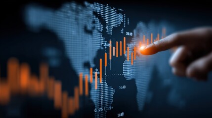 Businessperson Touching Financial Data Stock Market Chart on Digital Screen with World Map in Background for Investment and Trading Concepts