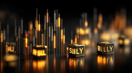 Abstract digital cityscape with illuminated vertical lines and warning messages in glowing text representing urban chaos and societal issues