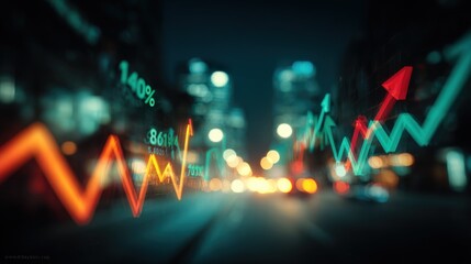 Vibrant city street scene at night with fast moving blurred traffic and colorful digital stock market or financial growth graph visual