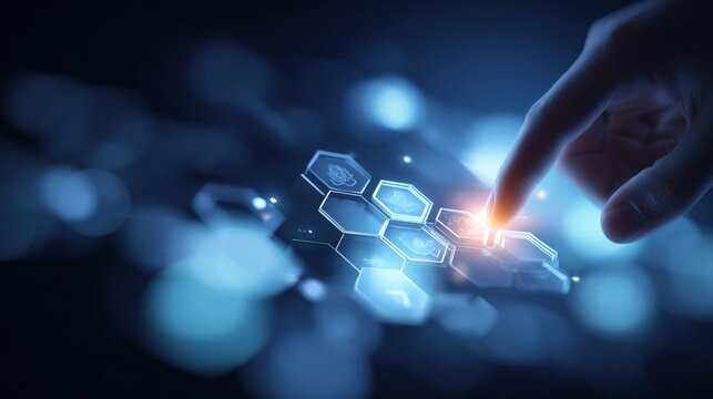 Advanced digital interface with futuristic holographic hexagonal icons interacted with by a human finger in a high-tech glowing virtual environment