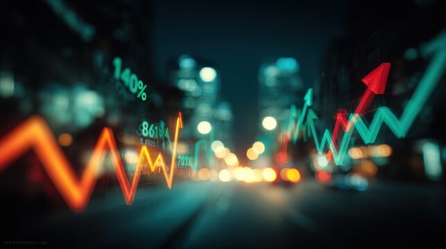 Vibrant city street scene at night with fast moving blurred traffic and colorful digital stock market or financial growth graph visual