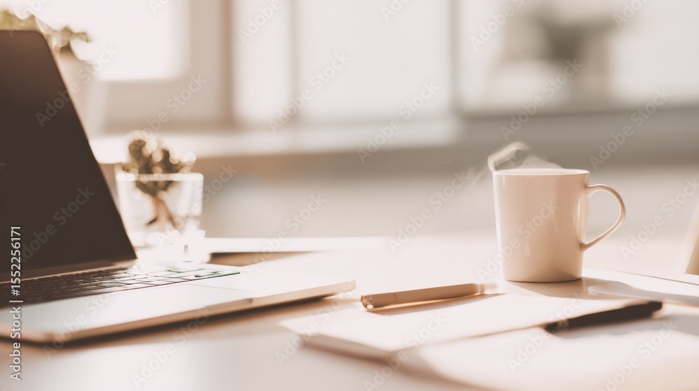 Poster modern workspace with open laptop open notebook coffee mug and pen on bright sunny office desk with 