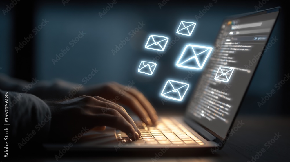 Aufkleber Person typing on a laptop computer with email icons and digital communication symbols floating above in a dark environment