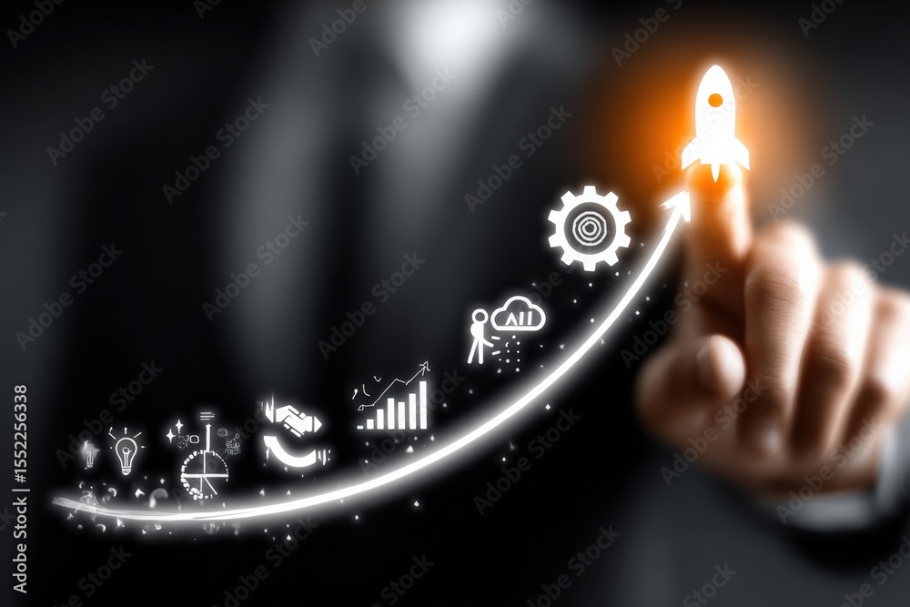 Aufkleber businessman in suit pointing at glowing rocket launch icon with upward growth chart and productivity