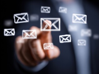 Digital email communication interface with multiple glowing envelope icons representing sending receiving and receiving messages technology in a modern digital environment
