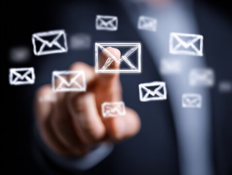 Digital email communication interface with multiple glowing envelope icons representing sending receiving and receiving messages technology in a modern digital environment