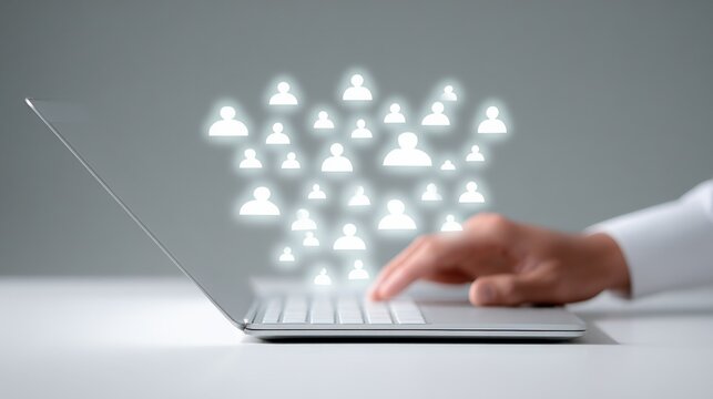 Modern digital communication network concept with glowing user icons connecting via laptop for online social interaction or virtual teamwork