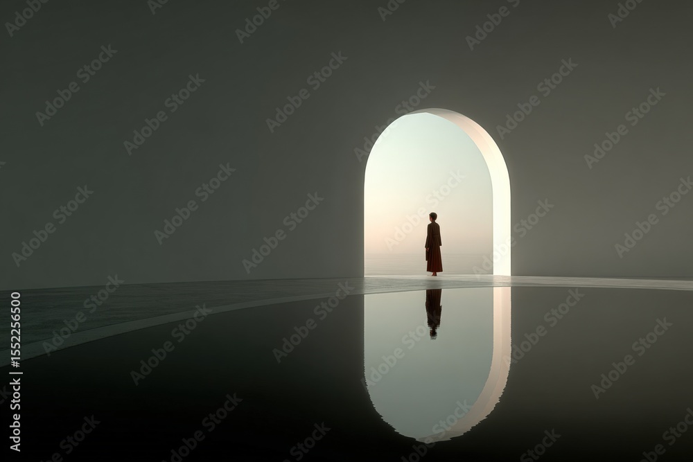 Poster Mystical silhouette of a person standing at an arched doorway with glowing light behind, creating a reflective surface on the floor in a minimalistic window scene