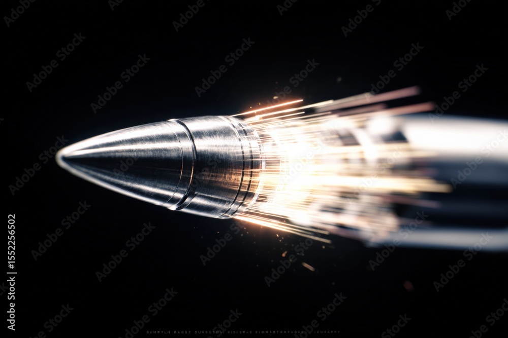 Poster high-speed metal projectile rocket missile in motion with sparks and blurred streaks flying through 