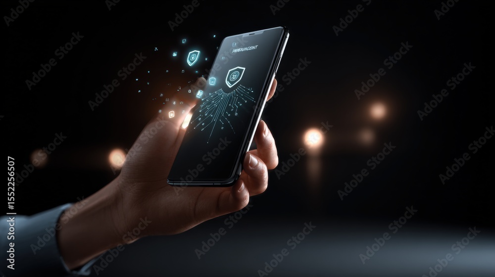 Poster Close-up of person holding smartphone with digital security icons and network hologram on screen against blurred dark background