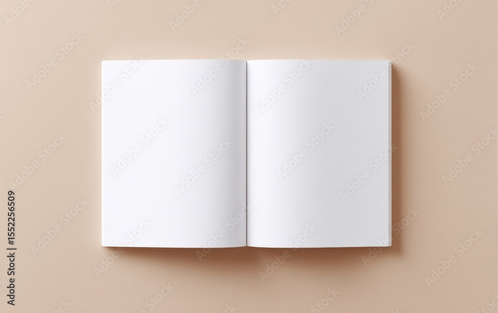 Poster Open blank notebook with white pages spread out on a soft beige background perfect for writing, sketching, drawing or note taking