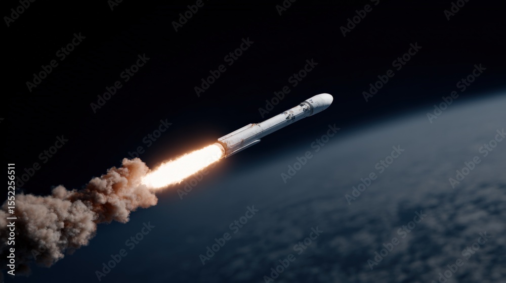 Aufkleber Rocket Launching Into Space from Earth with Flames and Smoke Visible in Upper Atmosphere for Space Exploration or Satellite Deployment