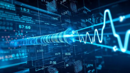 Futuristic blue digital interface with glowing wave, numerical data projections, complex technological visualization showing interconnected information networks and analytics.