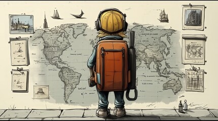 Child adventurer with backpack exploring world map surrounded by travel sketches