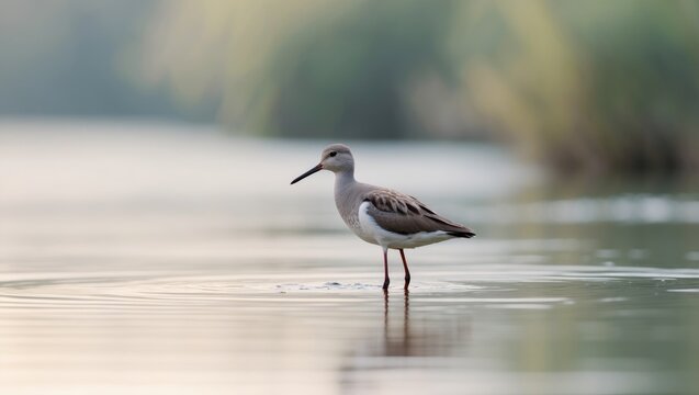 A shot of the gray Redshank bird in the river, standing in the water.