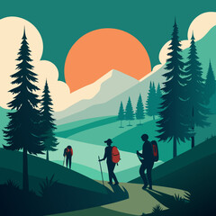 Hikers with backpacks walk on a scenic mountain trail during a vibrant sunset