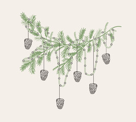 Hand drawn coquette vintage Christmas tree. Whimsical line art doodle sketch for Christmas, birthday, wedding design template Retro holiday concept wedding, Christmas party dinner invitation