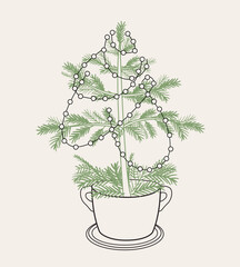 Hand drawn coquette vintage Christmas tree. Whimsical line art doodle sketch for Christmas, birthday, wedding design template Retro holiday concept wedding, Christmas party dinner invitation