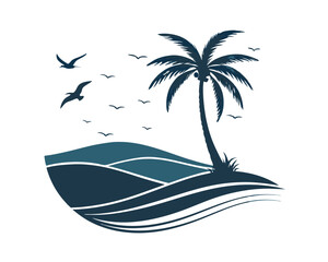 Tropical Island Scene with Palm Tree and Flying Birds