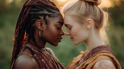Obraz premium A powerful image of two women from different backgrounds sharing an intimate moment. Their closeness signifies unity, love, and connection amidst diverse cultures and histories.