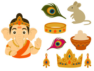 Ganesh Vector Bundle, Indian Festival Clipart Set, Ganesha, Peacock Feather, Modak, Mouse, Diwali Elements