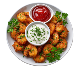 Fried shrimp with ranch dressing and ketchup on a plate, isolated on a transparent background