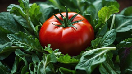 A bright red tomato surrounded by fresh salad leaves.