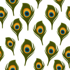 Green peacock Feather Seamless Pattern, Vector Indian Boho Background, Colorful Repeat Design