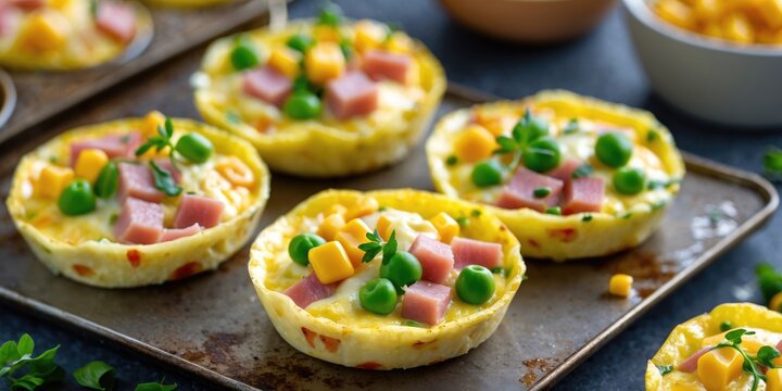 Baked Mini Frittatas With Ham, Pea, Cheese And Corn