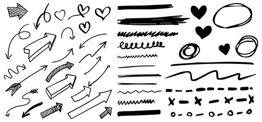 Diverse Design Elements Pack: A collection of hand-drawn, doodle-style design elements in black, including arrows, hearts, lines, and circles.