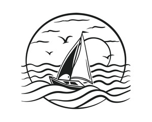 Sailboat on Ocean Waves Black and White Illustration