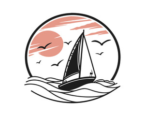 Sailboat at Sunset Ocean Waves Minimalist Design