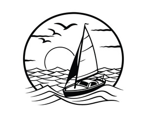 Sailboat on Ocean Waves at Sunset Black and White Illustration