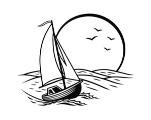 Sailboat on the Ocean at Sunset Black and White Illustration