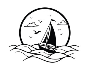 Sailboat on Ocean Waves with Birds and Clouds