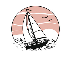 Sailing Yacht at Sunset Ocean Waves Graphic Illustration