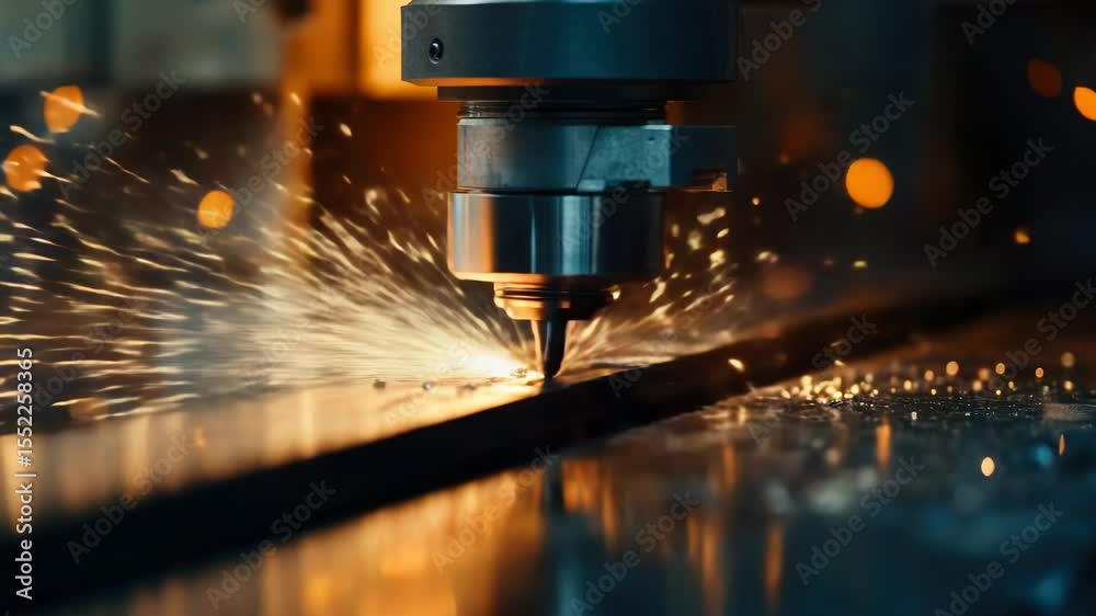 Poster a close-up view of a machine cutting a piece of metal with precision and accuracy