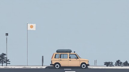 Vintage yellow car on road with luggage box near japanese flag in minimalist landscape