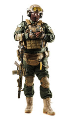 Tactical Soldier in Full Gear Conducting Communication on Device