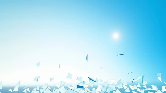 Human silhouette breaking into geometric blue fragments against bright background, representing psychological deconstruction and emotional dissolution.
