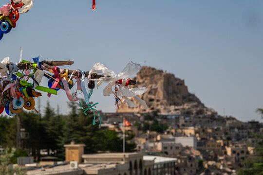 Nevsehir historical Uc Hisar Castle and city view