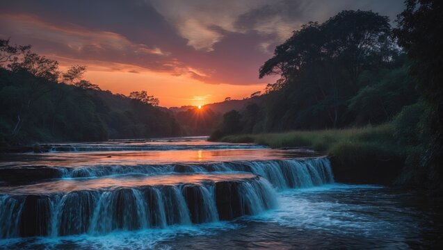 Sunset by waterfall in Rabacal with empty copy space for text