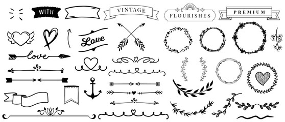 Vintage Hand Drawn Flourishes: A collection of elegant and versatile hand-drawn design elements, including banners, arrows, hearts, wreaths, and dividers.