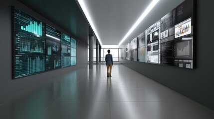 Analyzing data visualizations on screen wall display in office. AI generated.